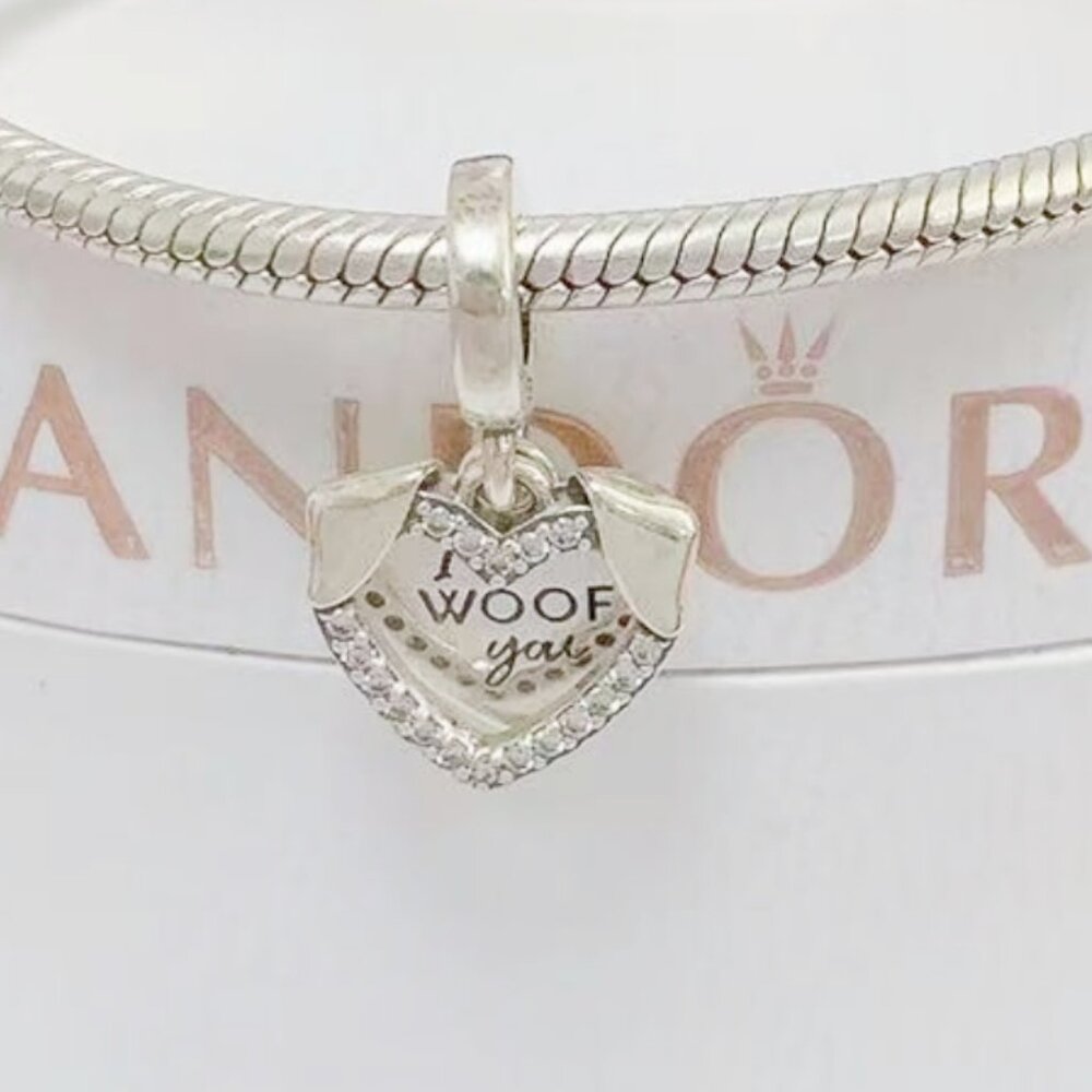 Pandora Heart&Dog Double Dangle Charm "I Woof you" CZ